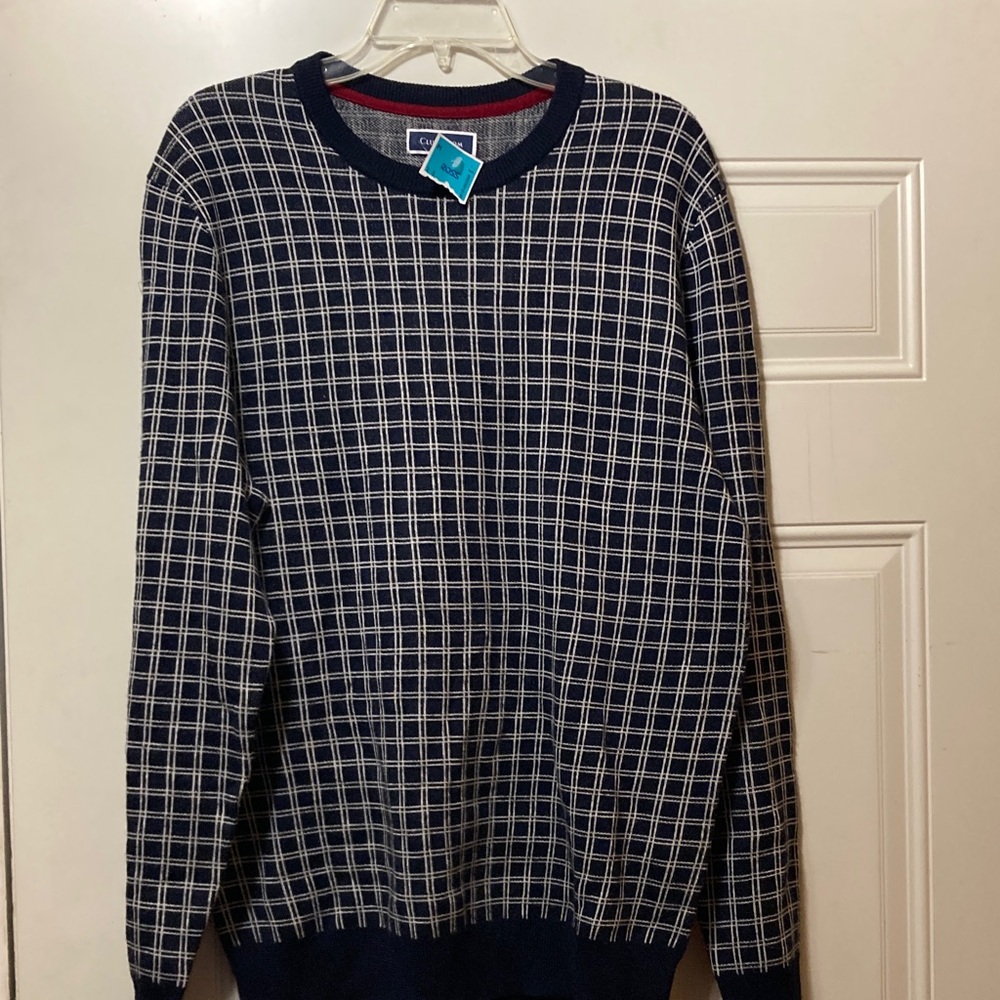 Club Room Navy and White Grid Crewneck Sweater M NWT